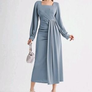 Square Neck Draped Detail Split Hem Dress